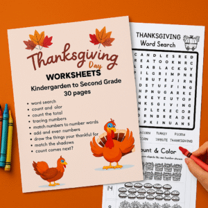 Thanksgiving Activity Worksheets for Kids (Ages 4–8) – 30 Printable Pages of Counting, Tracing & Math Fun
